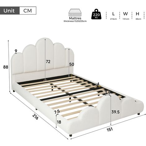 Lit enfant rembourré 140x200 cm, sommier intégré, tête de lit capitonnée, coins arrondis, tissu bouclé beige, couchage sécurisé (1/5)