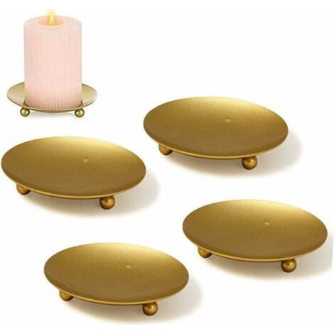 Golden Candlestick, 4 Pcs Candle Plate Metal Decorative Candelabra Candle Holder Candlestick for Wedding Home Decoration Christmas Birthday Gift Candlelight Dinner. (10x1cm)-Fei Yu (1/4)