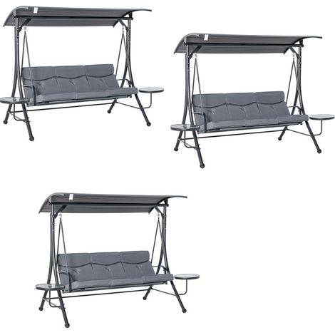 3er-Set hollywoodschaukel 3-Sitzer Gartenschaukel Schaukelbank mit verstellbarem Sonnendach Teetisch Stahl Polyester Grau+Schwarz 271 x 125 x 177 cm