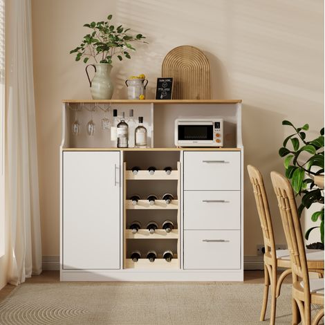 Credenza 120x40x121 cm con portabottiglie a 4 livelli, portaripiani per bicchieri, cassetti, MDF bianco naturale (1/5)