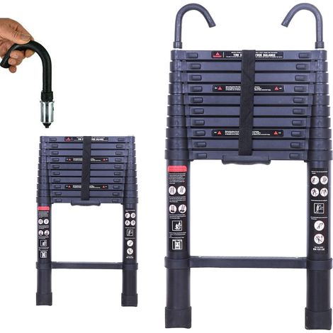 échelle télescopique en alliage d'aluminium de 3,2 mètres avec 2 crochets détachables, charge maximale de 150 kg, échelle compacte, durable et portable, adaptée à la maison, au bureau, à l'intérieur e