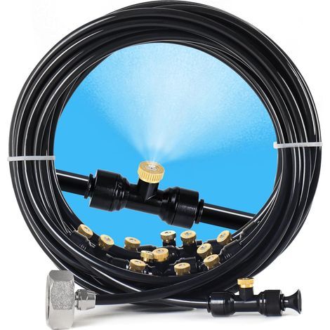 Brumisateur pour terrasse extérieure, système de refroidissement brumisateur de 30 m pour terrasse, ligne de brumisation de 30 m + 28 buses de brume + adaptateur en laiton de 1,9 cm, système (1/5)