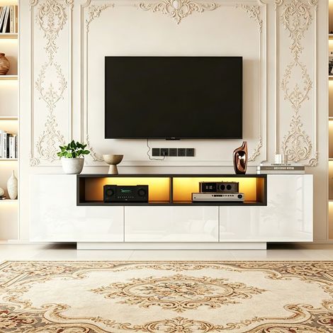 Meuble TV blanc moderne 180 cm avec LED - meuble télévision de salon design avec tiroirs et portes L, meuble télévision (1/5)