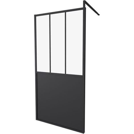 Paroi de douche fixe 100x200 noir – Verre transparent – Cadre réversible – Réglable – Design industriel pour salle de bain moderne