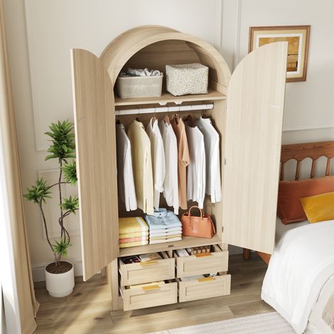 Armoire moderne à portes cintrées, grand espace de rangement, avec penderie et tiroirs, armoire luxueuse, adaptée à la chambre et à l’entrée