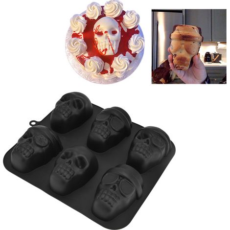 Schwarze Piratenschädel-Kuchenform mit 6 Fächern, Keksform, Schokoladenbackform, DIY-Eiswürfelform (1/5)