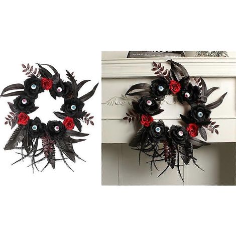 Couronne de fleurs artificielles suspendues avec roses noires et rouges, décoration intérieure/extérieure couverte (1/4)