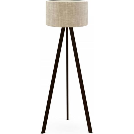 Lampadaire trépied effet bois noir, abat-jour beige chiné KILIS (1/2)