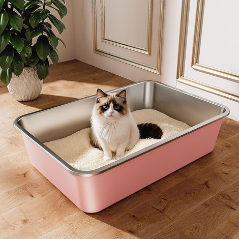 1 Bac Litiere Inox 60x40x15cm Anti-Odeurs Grand Chat Lapin Rose