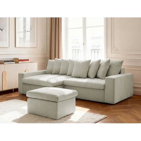 BOBOCHIC - Canapé d'angle fixe ENORE tissu lisse avec pouf Angle gauche Beige (1/5)