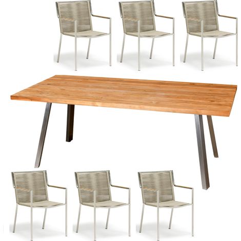 Inko Sitzgruppe Varuna Edelstahl/Kordel/Teak 200x100 cm Tisch mit Stapelsesseln