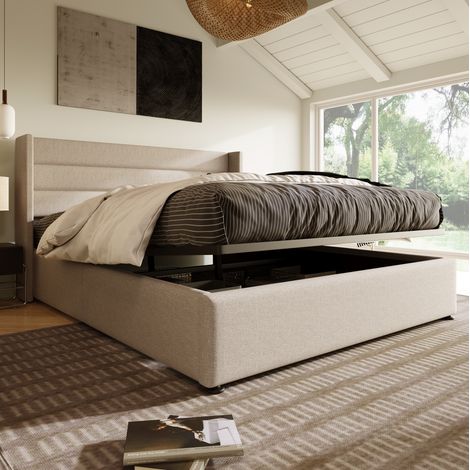 DESVIAE Lit coffre rembourré hydraulique 160 x 200 cm avec tête de lit capitonnée sommier à lattes cadre en métal lin beige (1/5)