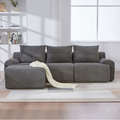 Canapé 3 places modulaire velours côtelé gris OKMYHOME (1/5)
