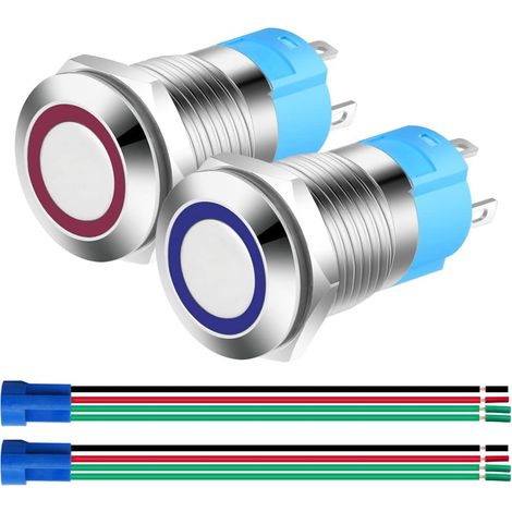 2pcs 12mm Momentané Bouton Poussoir en Acier Inoxydable,12V-24V 3A Normalement Ouvert SPST on Off Bouton Étanche avec Fiche à Douille (Bleue+Rouge) (1/5)