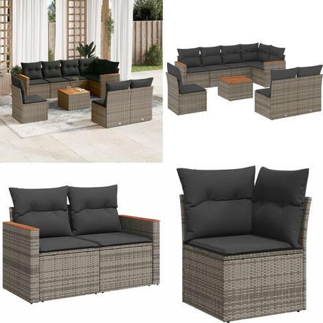 Salon de jardin 9 pcs avec coussins gris résine tressée - Ensemble Salon De Jardin - Mobilier Extérieur - Canapé Jardin - Table Jardin - Chaise Lounge - Home & Living (1/5)