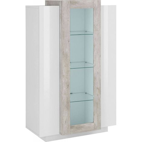 Dmora Moderne Vitrine mit Glastür, Made in Italy, Sideboard mit Regalen, Wohnzimmermöbel, Vitrine, cm 80x38h121, Weiß glänzend und Zementfarbe (1/4)