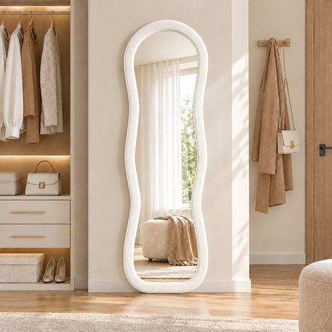 Espejo de Pie Ondulado 160x50 cm, Marco de Terciopelo Suave Estilo Escandinavo, para Dormitorio y Salón, con Soporte en U, Cristal Templado de Seguridad, Blanco (1/5)