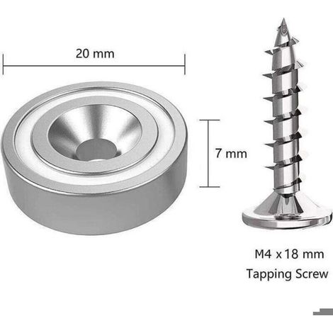 Aimant En Pot - 20 X 7 Mm - Force De Levage 10 Kg - Pour Fixation Murale Et Mobilier - 12 Pièces (1/4)