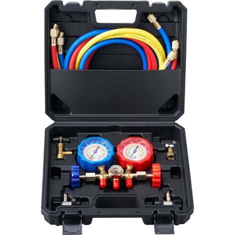 Mophorn Juego de manómetros de diagnóstico de CA de 3 vías para refrigerantes R134A, R22, R12, R502, kit de manómetro de CA con mangueras de 5 pies, acopladores (1/5)