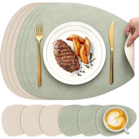 Tischsets und Untersetzer, ovale Tischsets, 6er-Set, waschbar, doppelseitiges zweifarbiges Leder, rutschfeste Tischsets, leicht zu reinigen (Mintgrün/Elfenbein, ovales 6er-Set)