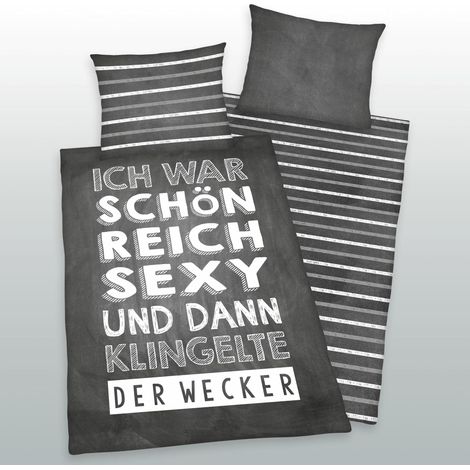 Baumwollbettwäsche 140x200 Inschriften Streifen grau weiß Kissenbezug 70x90 H24