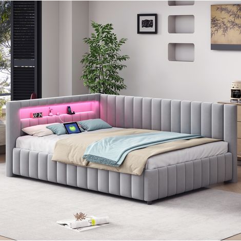 Lit rembourré en L 140x200 cm velours gris avec tête de lit, dossier, sommier à lattes, LED et port USB (1/5)