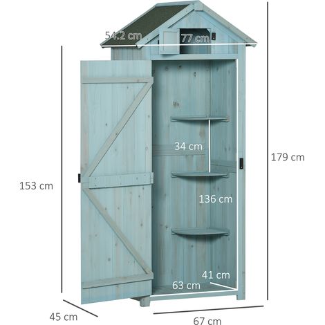 Abri de jardin/rangement avec étagères et fenêtres, 77 x 54,2 x 179 cm, bois bleu clair et vert, toit en asphalte, pour jardin et terrasse (1/5)