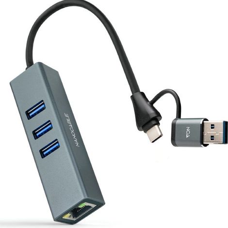 Hub USB + USB Tipo-C 3.0 Nanocable 10.03.0412/ 3xUSB/ 1xRJ45/ Gris