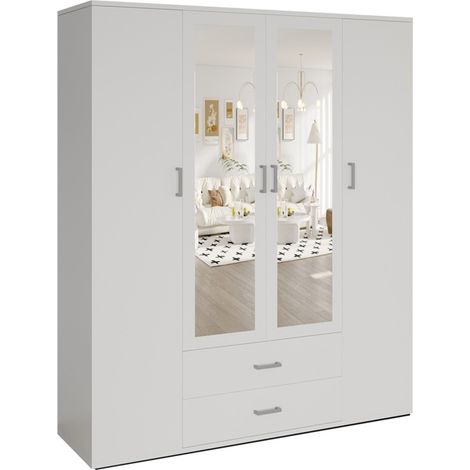 Kleiderschrank 4 Türen mit 2 Spiegeln TOM – Maße H185 x L160 x T52 cm – Farbe Weiß – Designstil