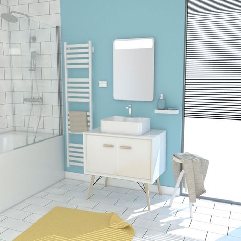 MUEBLE DE BAÑO ESCANDINAVO BLANCO 80 CM, LAVABO SOBREMUEBLE Y ESPEJO LED