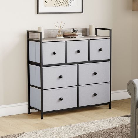 Chiffonnier Tissu Chorley 7 Tiroirs pour Chambre ou Entrée H 85.2 x L 83 x P 29 cm, Bois-Beige-Gris (1/5)