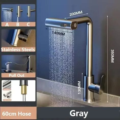 (Gris anthracite-G1/2) Robinet de cuisine extractible, mitigeur flexible eau chaude/eau froide pour évier, montage sur plage, avec fonction douchette. (1/5)