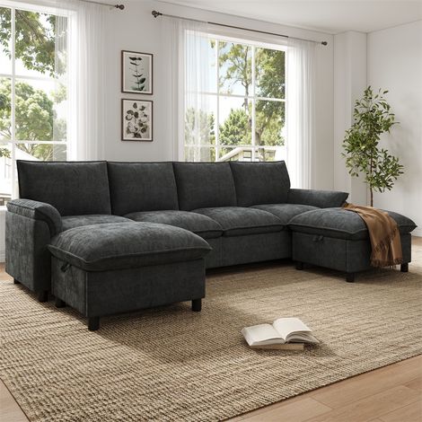 Canapé Modulaire en U - 264.5x78.5x84cm - Canapé d'Angle Chenille Type Nuage avec 2 Poufs Coffres de Rangement - Noir (1/5)