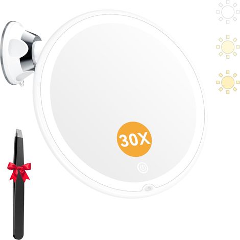 Miroir Grossissant 30X Lumineux, Miroir Maquillage avec Ventouse sans Fil avec 3 Réglages D'éclairage LED, Rotation à 360° pour Salles de Bain et Voyage (1/5)