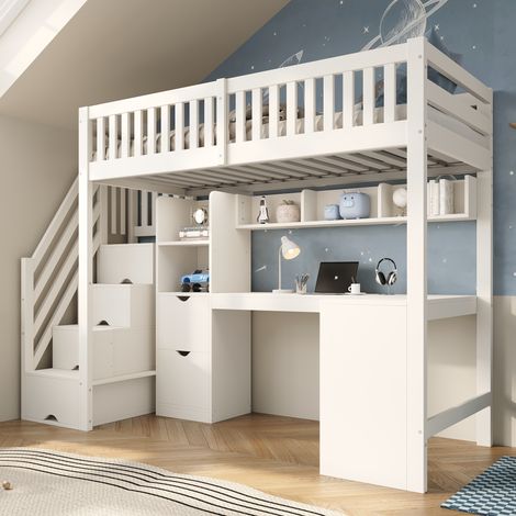 Lit mezzanine 90x200 cm – lit enfant gain de place avec bureau intégré escalier-armoire armoires et 2 tiroirs – bois – blanc (1/5)