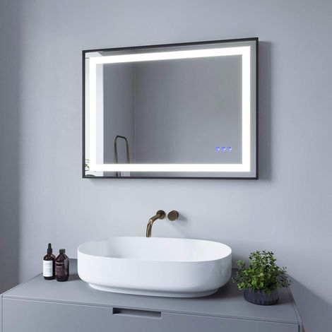 Badspiegel mit LED Licht Schwarzer Rahmen 60x80cm SAUTENS Typ C Touch Sensor Dimmbar Spiegelheizung Kaltweiß 6400K Warmweiß 3000K (1/5)