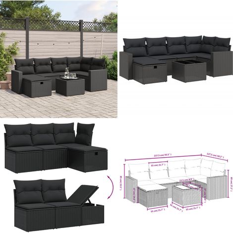 7-tlg. Garten-Sofagarnitur mit Kissen Schwarz Poly Rattan - Gartenmöbel Set - PE-Rattan Gartenmöbel - Outdoor Lounge Set - Esstisch Set - Balkonmöbel - Home & Living (1/4)