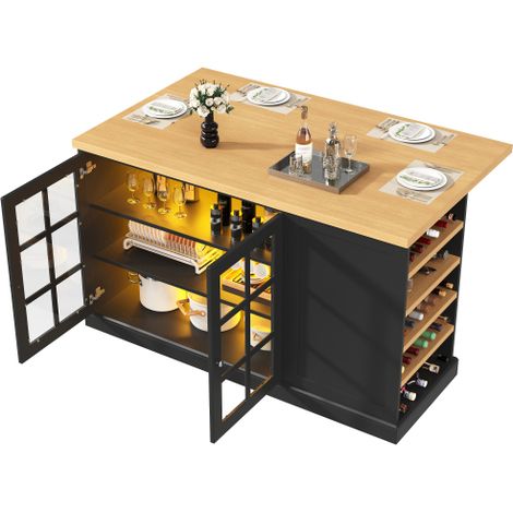 Îlot de cuisine pliable 120cm, LED multicolore et rangement à vin (1/5)