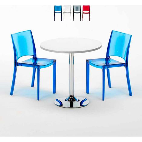 Tavolino Rotondo Bianco 70x70 cm con 2 Sedie Colorate Trasparenti B-Side Spectre - Trasparente Blu (1/5)