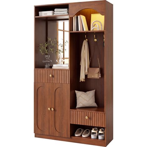 Garde-robe d’entrée compacte avec miroir, banc et patères, rangement à chaussures, LED multicolore, MDF, portes ovales, tiroirs rainurés – CHICFURN (1/5)