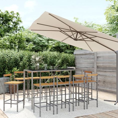 11 pcs Ensemble de bar de jardin avec coussins, Salon de jardin, Tabourets et Table gris poly rotin/bois massif acacia MKW539797 (1/5)