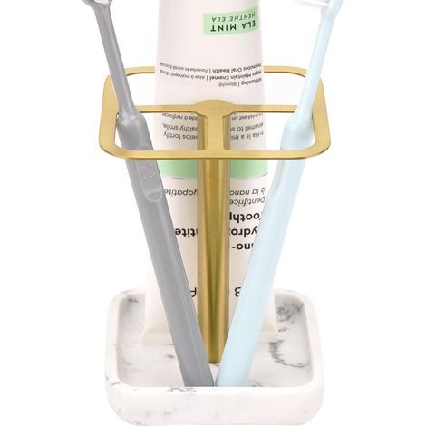 Support de brosse à dents en acier inoxydable, base en résine à motif marbre avec 3 sections de rangement, support décoratif pour évier de salle de (1/5)