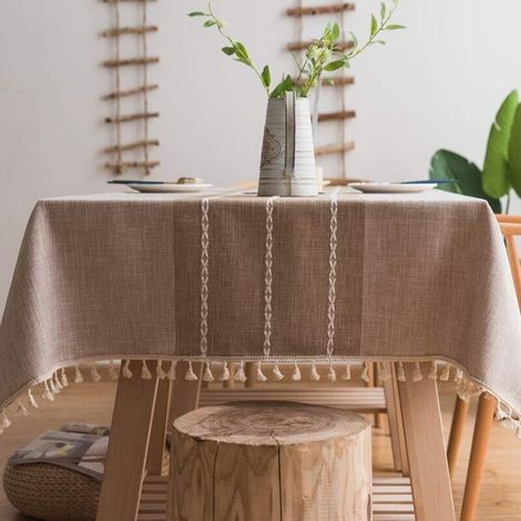 Nappe en Coton et Lin Robuste pour Tables Rectangulaires Nappe avec Broderie en Treillis Solide pour Décoration de Table à Manger de Cuisine. (140 x 180 cm, Kaki)