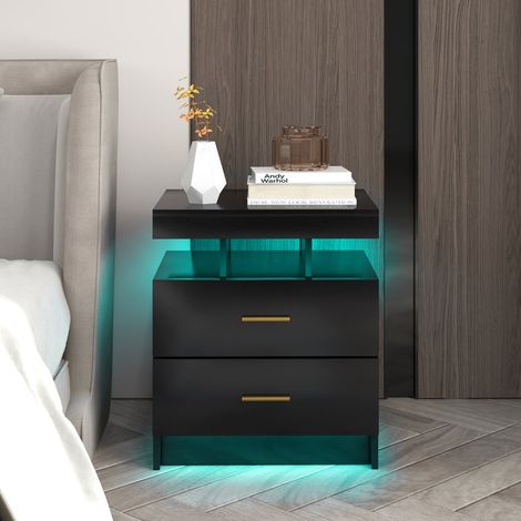 Table de Chevet LED Table de Nuit Brillante avec 2 Tiroirs de Rangement Table d'Appoint Moderne avec Mode d'Eclairage Réglable Noir CW8917 Maison Chic (1/2)