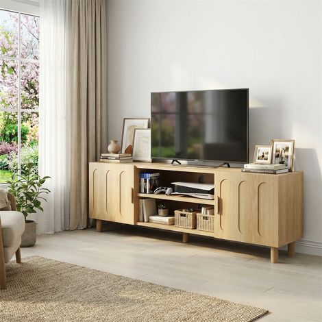 Meuble TV 140x40x46 cm - Style Scandinave & Mid-Century - 2 Portes et Niches de Rangement - Console Salon & Chambre - Chêne (1/5)