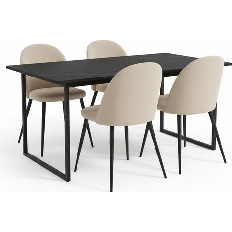Tilst Essgruppe Tisch schwarz Marmor Print 90x160 4 Stühlen Velour beige.