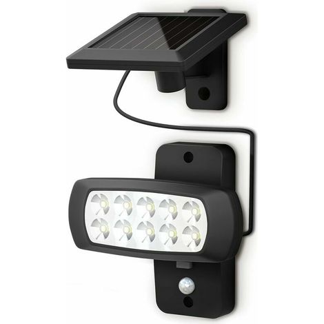 VURAHOME -Lampe solaire LED extérieur IP44, détecteur de mouvements PIR, projecteur mural maison terrasse balcon noir, protégé contre des éclaboussures, lumière blanche froide (1/5)