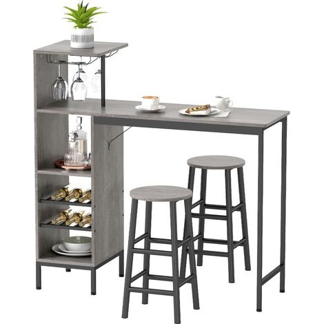 Bartisch-Set mit Hockern, Stehtisch mit 2 Barhockern, Regalen, Weinregalen, Naturholz