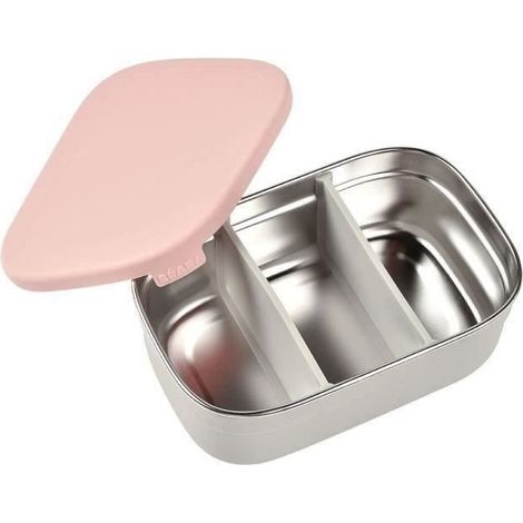 Lunch box per bambini BEABA 760 ml Inox 304, coperchio in silicone, manichetta di protezione, 2 separatori Grigio velluto/rosa cipria (1/4)