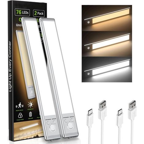 Éclairage sous meuble - Lot de 2 lampes LED à détecteur de mouvement pour cuisine, escalier ou couloir - 76 LED - Alimentation USB rechargeable - Lampe magnétique à intensité variable - Sans fil - Bla (1/5)